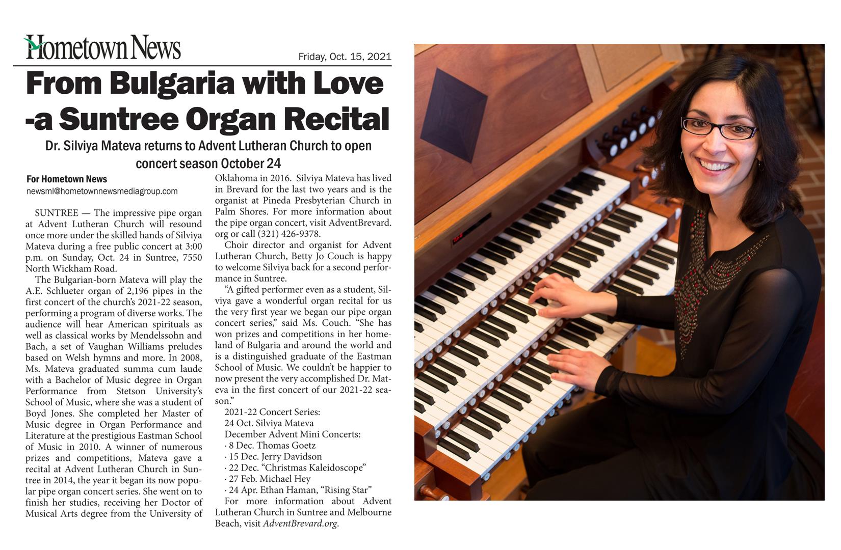 Stetson Organ Graduate, Dr. Silviya Mateva, Returns To Advent Lutheran Church To Open Concert Season